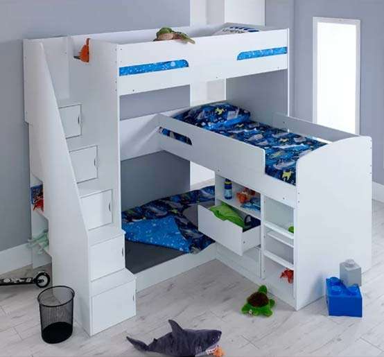 Triple bunk bed store with sofa